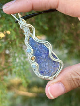 Load image into Gallery viewer, ARTISAN CAB (adit stones) Purple (dyed) Indonesian moss agate with Angelite + phosphosiderite gem accents wire wrapped pendant necklace
