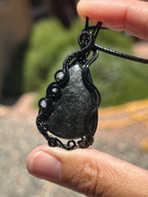 Load image into Gallery viewer, Hypersthene with labradorite + onyx gem accents wire wrapped pendant necklace
