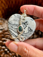 Load image into Gallery viewer, Black and white (dyed) crazy lace agate heart with smoked Ethiopian opal gem accent wire wrapped pendant necklace

