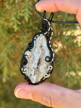 Load image into Gallery viewer, ARTISAN CAB ( Alisha Stolsig) White Crazy Lace Agate with moonstone + obsidian gem accents wire wrapped pendant necklace

