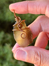 Load image into Gallery viewer, Golden brown agate slice with tiger eye gem accent wire wrapped pendant necklace
