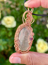Load image into Gallery viewer, Rose quartz with rhodochrosite + ruby gem accents wire wrapped pendant necklace
