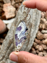 Load image into Gallery viewer, Artisan cab (positive rocks) purple aurora opal with plume agate doublet with onyx + blue kyanite gem accents wire wrapped pendant necklace
