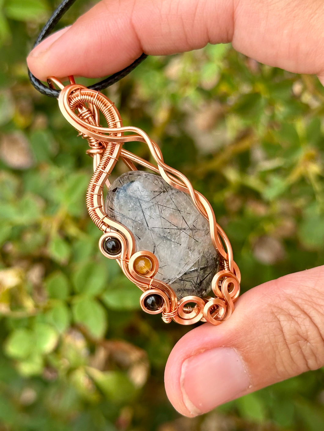 black tourmalinated quartz with tourmaline + carnelian inclusions wire wrapped pendant talisman necklace