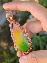 Load image into Gallery viewer, Artisan cab (positive rocks) rainbow dragon vein agate with rhodonite, citrine, green aventurine, green mica gem accents wire wrapped pendant necklace
