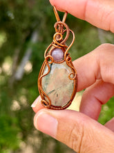Load image into Gallery viewer, Prehnite with epidote with lilac quartz gem accent wire wrapped pendant necklace
