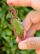 Load image into Gallery viewer, Artisan cab (johari) green cat’s eye with peridot + blue kyanite gem accents wire wrapped pendant necklace
