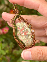 Load image into Gallery viewer, Unakite with rose quartz + peridot gem accent wire wrapped pendant necklace
