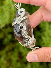 Load image into Gallery viewer, Raw smoky quartz cluster with blue kyanite + black tourmaline gem accents wire wrapped pendant necklace
