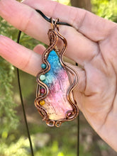Load image into Gallery viewer, ARTISAN STONE (adit stones) rainbow (enhanced) fossilized palm root with blue apatite, green aventurine, raspberry jade, yellow Mookaite gem accents wire wrapped pendant necklace
