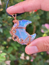 Load image into Gallery viewer, Opalite moon with blue kyanite + obsidian gem accents wire wrapped pendant necklace
