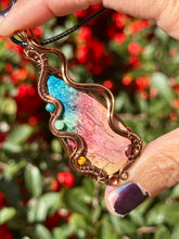 Load image into Gallery viewer, ARTISAN STONE (adit stones) rainbow (enhanced) fossilized palm root with blue apatite, green aventurine, raspberry jade, yellow Mookaite gem accents wire wrapped pendant necklace
