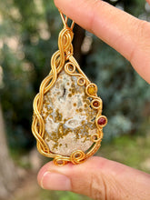 Load image into Gallery viewer, Artisan cab (positive rock) ocean jasper druzy with yellow mookaite, hematite, red mookaite gem accents wire wrapped pendant necklace
