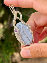 Load image into Gallery viewer, Blue lace agate with amethyst gem accents wire wrapped pendant necklace
