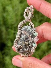 Load image into Gallery viewer, Artisan cab (johari gems) kammererite with green fluorite, chrysoprase, pink opal gem accents wire wrapped pendant necklace
