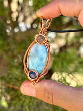 Load image into Gallery viewer, Larimar with blue kyanite + super 7 inclusions wire wrapped pendant necklace talisman
