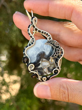 Load image into Gallery viewer, Artisan cab (positive rocks) black scenic maligano jasper with obsidian + labradorite gem accent wire wrapped pendant necklace
