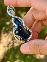 Load image into Gallery viewer, Leland obsidian with purple &amp; green fluorite +  aquamarine gem accents wire wrapped pendant necklace

