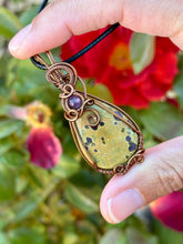 Load image into Gallery viewer, Atlantasite with amethyst gem accent wire wrapped pendant necklace
