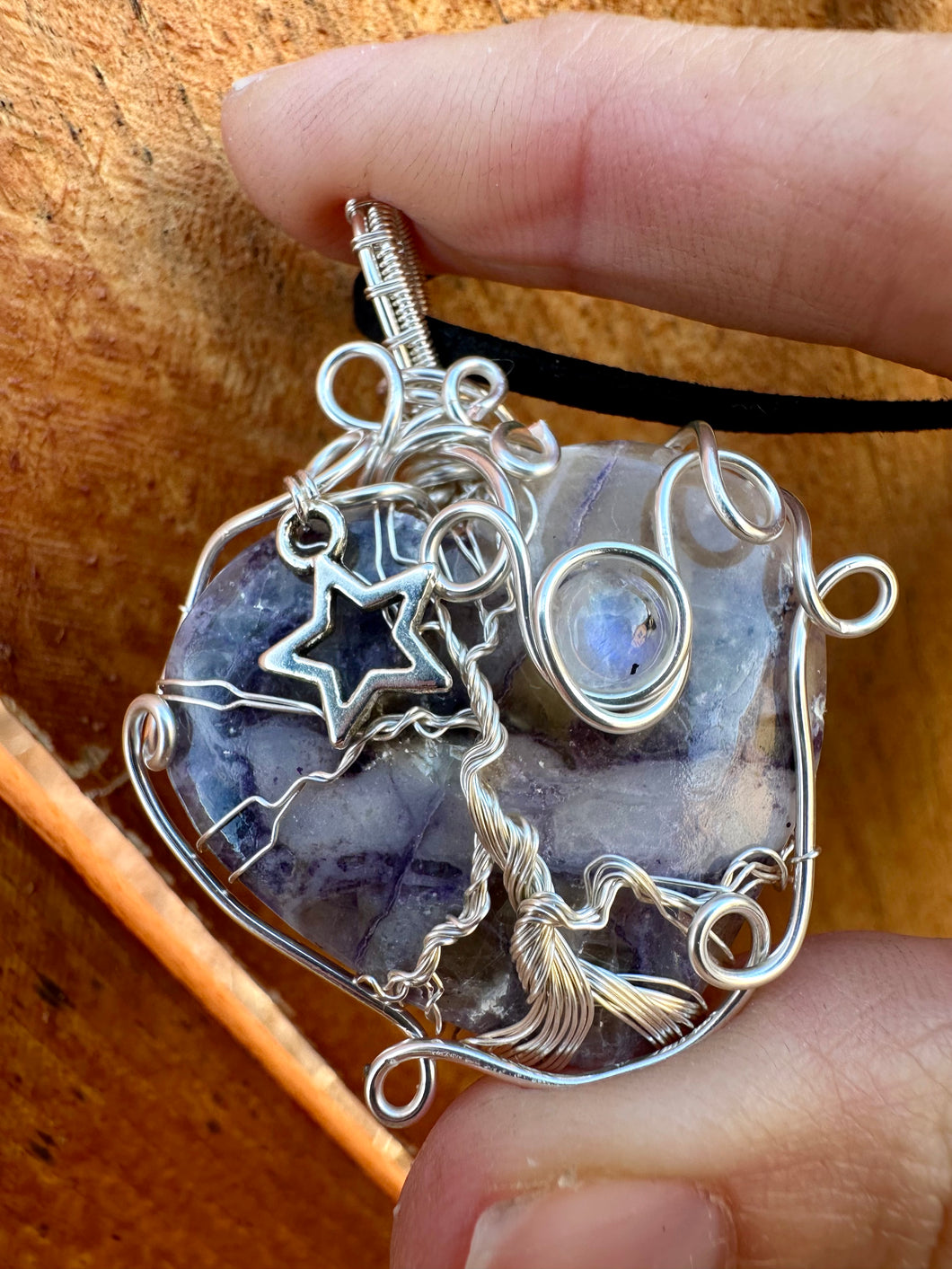 Reserved for Laura p Purple Morado Opal Tree of Life + Moonstone Wire Wrapped Pendent Necklace