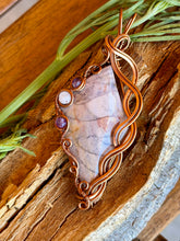 Load image into Gallery viewer, Artisan cab (positive rocks) purple imperial jasper with amethyst + lepidolite  gem accents wire wrapped pendant necklace
