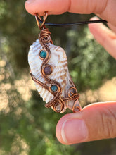Load image into Gallery viewer, Seashell with amethyst + blue apatite gem accent wire wrapped pendant necklace
