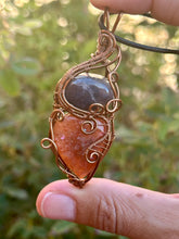 Load image into Gallery viewer, Iolite + sunstone double decker wire wrapped pendant necklace
