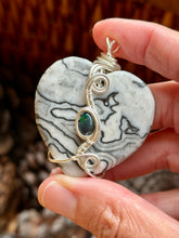 Load image into Gallery viewer, Black and white (dyed) crazy lace agate heart with smoked Ethiopian opal gem accent wire wrapped pendant necklace
