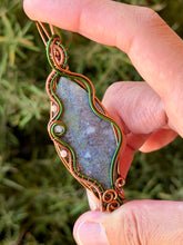 Load image into Gallery viewer, Artisan cab (positive rocks) Indonesian moss agate with rhodochrosite + rose quartz gem accents wire wrapped pendant necklace
