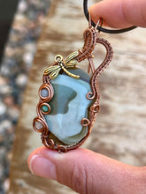 Load image into Gallery viewer, DESIGNER STONE polychrome jasper with aquamarine + zoisite inclusions Wire wrapped pendant
