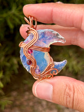 Load image into Gallery viewer, Opalite moon with raspberry jade, garnet, amethyst gem accents wire wrapped pendant necklace
