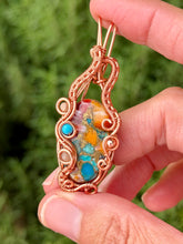 Load image into Gallery viewer, Artisan cab (johari gems) spiny oyster turquoise composite with  turquoise + peach moonstone gem accents wire wrapped pendant necklace
