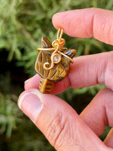 Load image into Gallery viewer, Tiger eye mini wolf head with citrine gem accent wire wrapped pendant necklace
