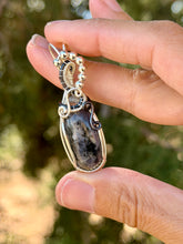 Load image into Gallery viewer, Iolite with labradorite gem accent wire wrapped pendant necklace
