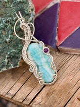 Load image into Gallery viewer, Artisan cab (johari gems) Caribbean calcite with aquamarine + amethyst gem accents wire wrapped pendant necklace
