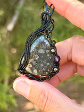 Load image into Gallery viewer, Artisan cab (johari gems) marcasite with pyrite + amethyst gem accent wire wrapped pendant necklace
