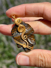 Load image into Gallery viewer, Tiger eye leaf with citrine gem accent wire wrapped pendant necklace

