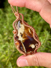 Load image into Gallery viewer, Indonesian (UV REACTIVE) Amber with carnelian + garnet gem accents wire wrapped pendant necklace
