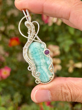 Load image into Gallery viewer, Artisan cab (johari gems) Caribbean calcite with aquamarine + amethyst gem accents wire wrapped pendant necklace

