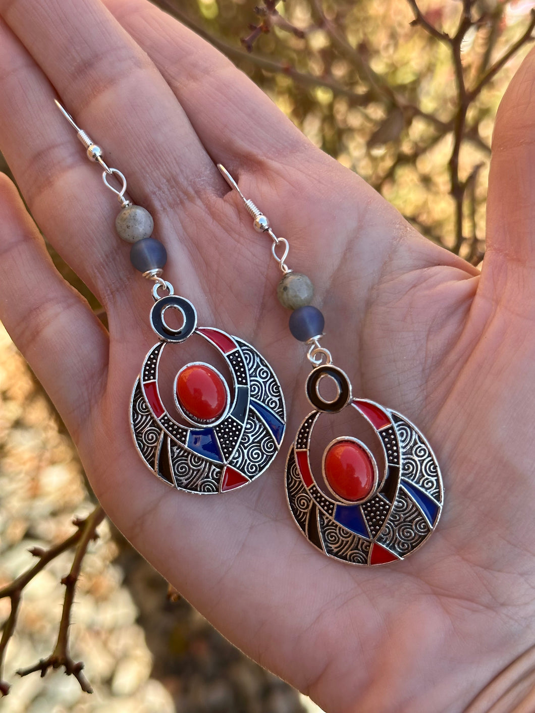 Labradorite + Iolite Red Crescent earrings