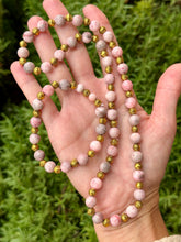 Load image into Gallery viewer, 18” Pink jasper gold metal beaded stretch necklace + pink jasper + gold metal bracelet (6.75”) SET
