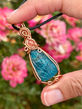 Load image into Gallery viewer, Blue Apatite with cherry quartz gem accent wire wrapped pendant necklace
