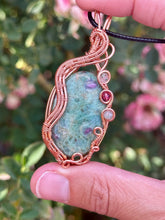 Load image into Gallery viewer, Ruby in fuchsite with moss agate + raspberry jade gem accents wire wrapped pendant necklace

