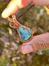 Load image into Gallery viewer, Ruby in fuchsite with Ruby gem accents wire wrapped pendant necklace
