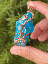 Load image into Gallery viewer, Aqua aura quartz cluster with lapis lazuli + magnesite gem accents wire wrapped pendant necklace
