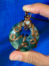 Load image into Gallery viewer, Moss agate with moonstone inclusion wire wrapped pendant talisman necklace
