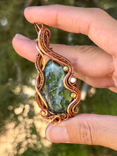 Load image into Gallery viewer, Artisan cab (johari gems) green jade + green turquoise + moonstone gem accent wire wrapped pendant necklace
