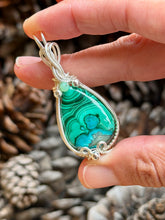 Load image into Gallery viewer, Malachite/chrysocolla with chrysoprase gem accent wire wrapped pendant necklace

