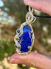 Load image into Gallery viewer, Lapis lazuli with sapphire + pyrite gem accents wire wrapped pendant necklace
