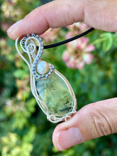 Load image into Gallery viewer, Reserved for Denise S prehnite with pearl inclusion Wire Wrapped Pendent Necklace

